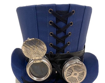 Steampunk Blue leather look hinged goggles Top Hat with industrial goggles in 58,59cm
