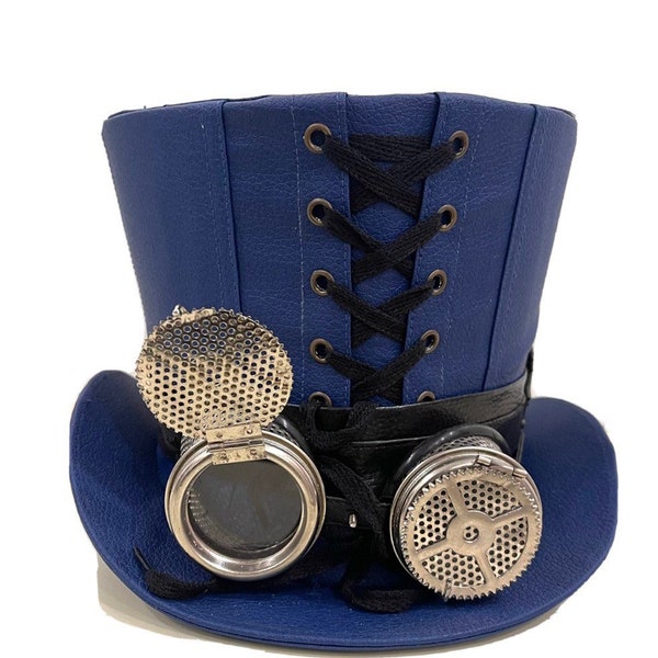 Steampunk Blue leather look hinged goggles Top Hat with industrial goggles in 58,59cm