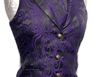 2 pcs women waistcoat outfit with back corseted in Purple/Black Barbwire Brocade Matching Self tie cravat to fit bust 32”,34”,36”38”40”