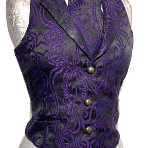 2 pcs women waistcoat outfit with back corseted in Purple/Black Barbwire Brocade Matching Self tie cravat to fit bust 32”,34”,36”38”40”