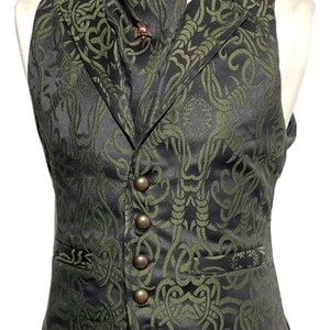 3 pcs Waistcoat Olive green/Black Brocade barbwire designs Waistcoat with same fabric Self cravat Tiepin, to fit 36384042,44,46 image 4