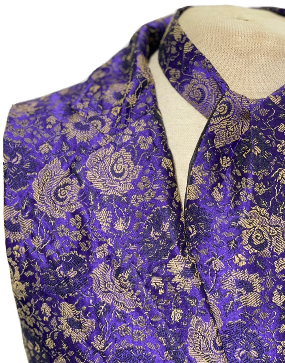 Image of 2 Pcs Waistcoat Outfit Purple With Rose Brocade , Matching Self Tie Cravat in Sizes To Fit Chest 42", 44"