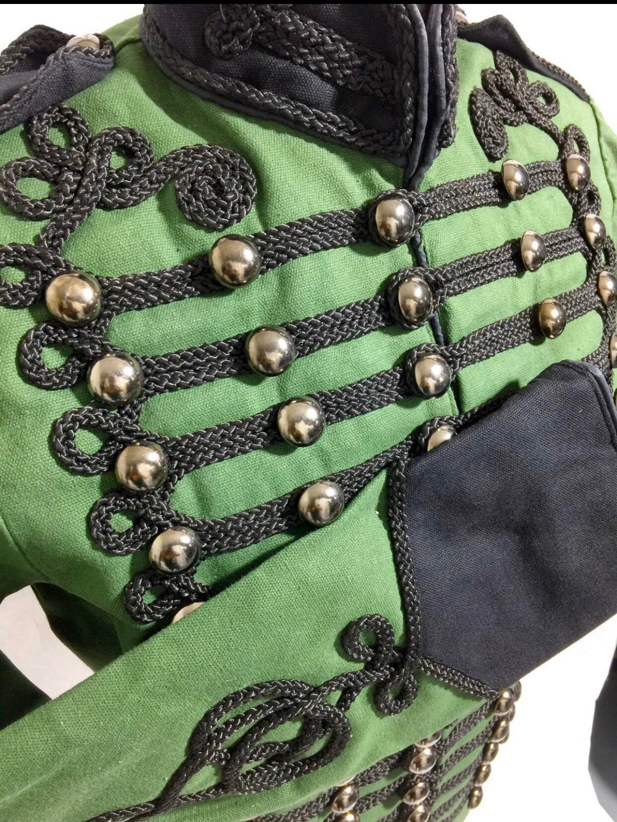 Image of Sharpe Style Hussar Jacket in Distressed Green/Black Contrast , Front Braiding On Chest & Back Cuff Available 4 Sizes S M L Xl