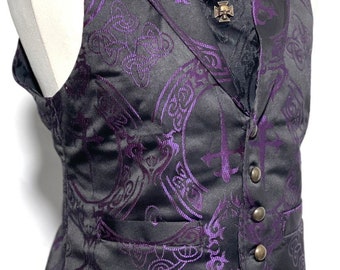 3 pcs Waistcoat outfit Purple/Black Dagger Brocade Waistcoat With self  tie cravat,Tiepin in Sizes to fit chest 34”36”,38”,40”,42”44”,46”