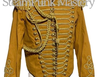 May include: A brown jacket with gold trim and buttons. The jacket has a high collar and a braided cord that wraps around the front. The jacket has gold epaulets on the shoulders.