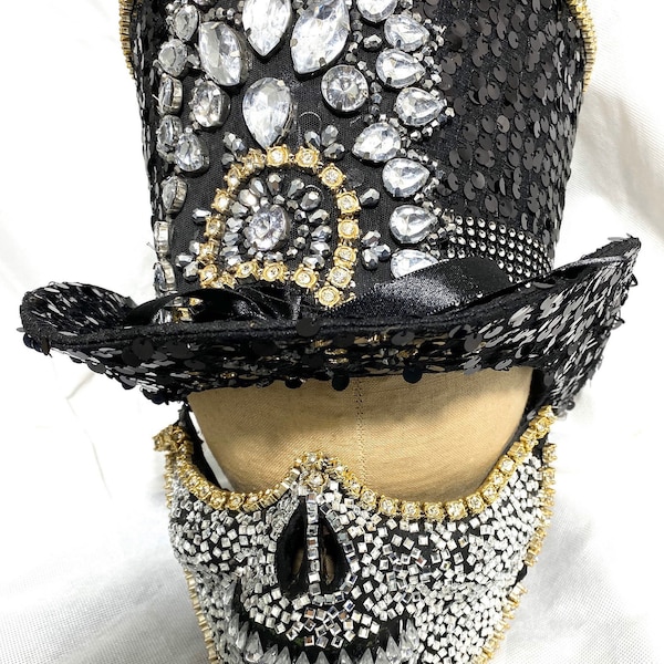 2 PCS Black Sequins Top Hat & Half face Mask with jewels Details Hat in sizes 55cm mask  One size