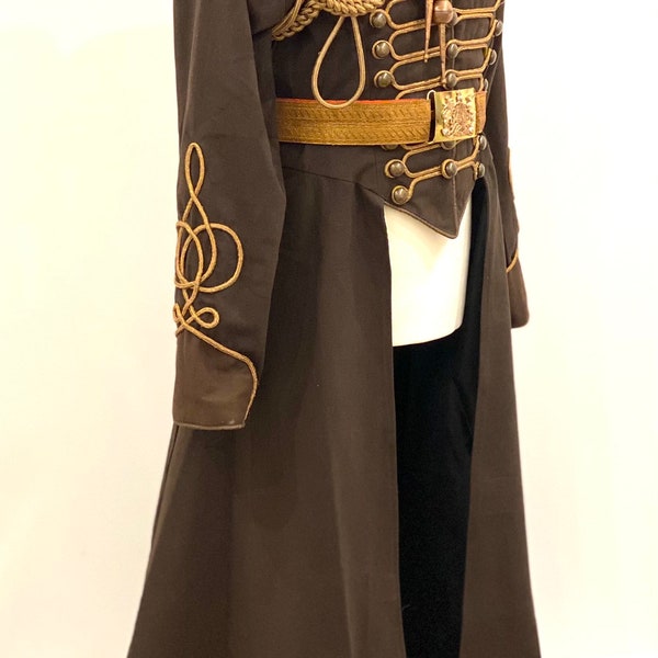 4 Pcs Steampunk Millitry  full length coat to fit to 42”/46”front Antique braids and brass antique belt and shoulder accessories