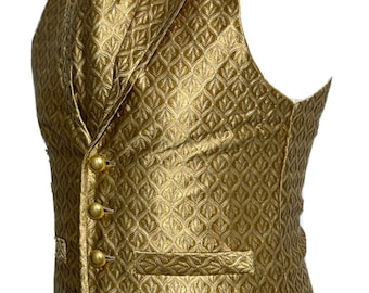 3 pcs Waistcoat gold with Beige Brocade Waistcoat ,Matching Mask self  tie cravat and in 3 Sizes fit chest 36”,38”,40"