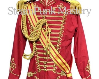 Steampunk 4pcs ceremonial Officers Red/Gold Hussar Jacket with heavy gold wire eppaulates,Aiguillettes cross Sash to fit chest 40”42”44”46”