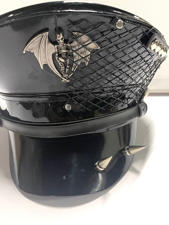 Industrial Punk, Gothic Black PVC Military Hat With Skull