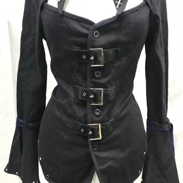 Top gótico de algodón pesado de Lycra negro para niñas o usado como chaqueta con detalles cruzados con espalda encorsetada hasta busto 32”/34”