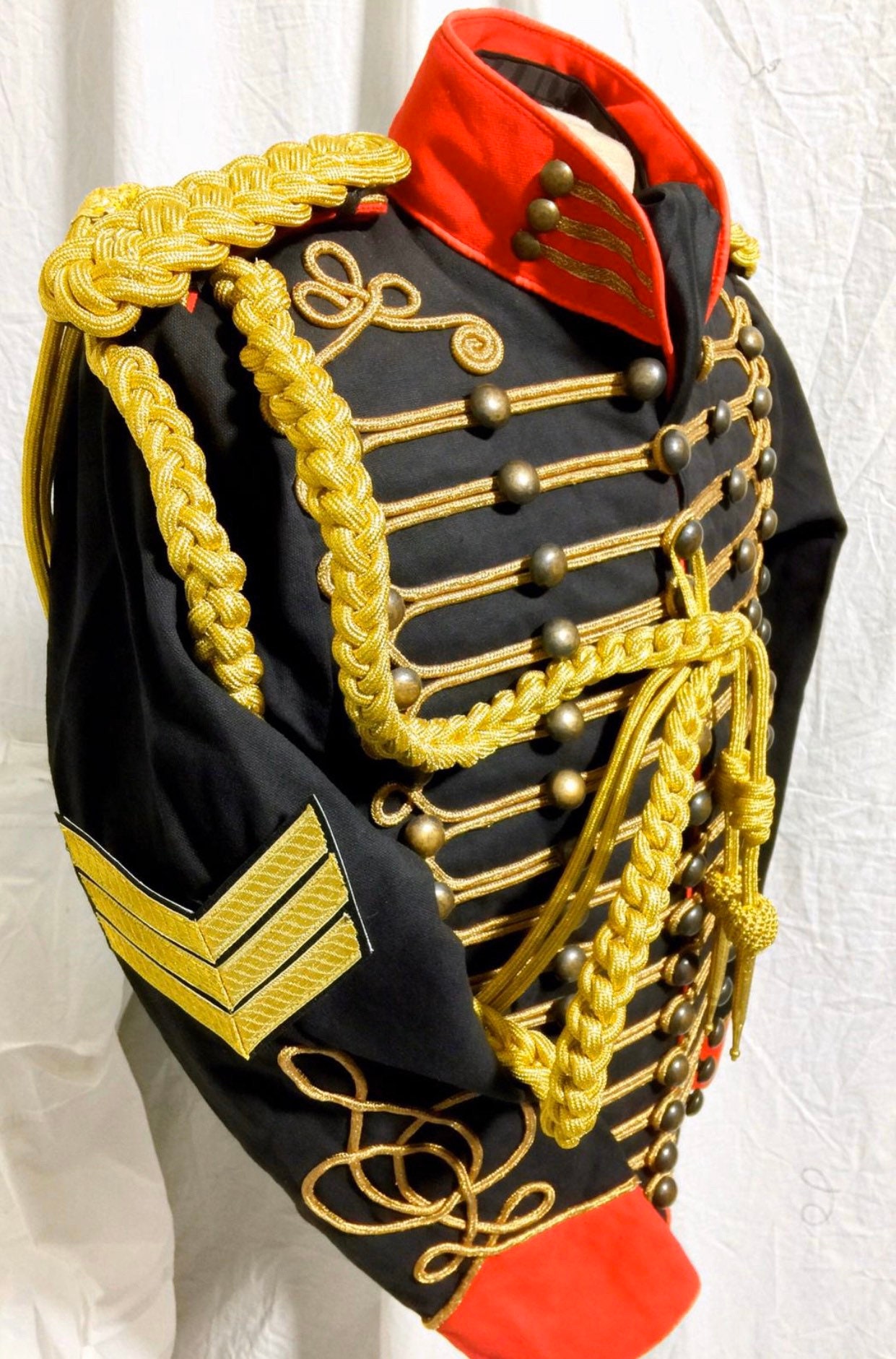 Image of 5Pcs Men's Ceremonial Gold Braiding Hussar Jacket With Red Contrast in 40", 42", 44" , 46"Epaulettes, Cravat, Hand Embroidered Badge , Chevrons