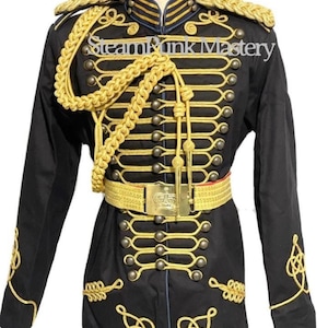 Steampunk 4 pcs Army Officers Gold Braiding Hussar Jacket with shoulder  accessories and belt in size  42”44”46”48”