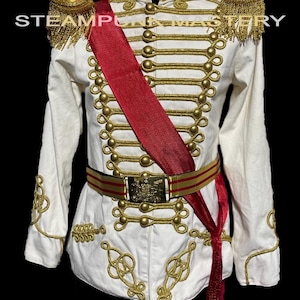 May include: White military-style jacket with gold trim and buttons, a red sash, and a gold belt with a buckle. The jacket has a high collar and long sleeves.