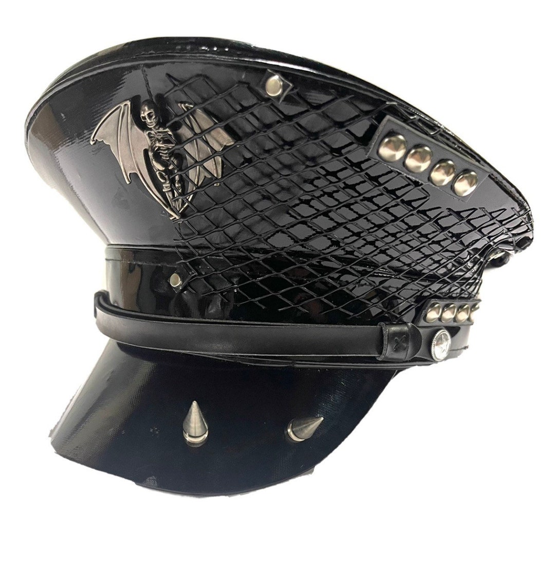 Industrial Punk, Gothic Black PVC Military Hat With Skull