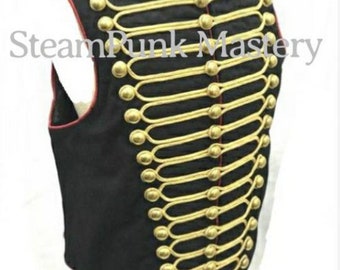 Steampunk Hussar-gilet: zwart-rood militair vest met gouden vlechten