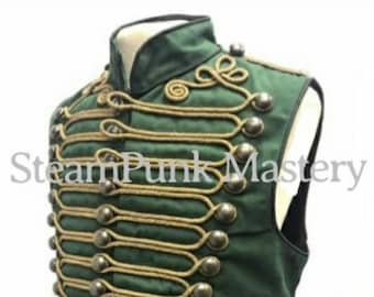 Antique look Steampunk men's Military Army in Dull Green with Antique Gold Braiding Hussar Waistcoat to fit chest size 38” 40",42",44"