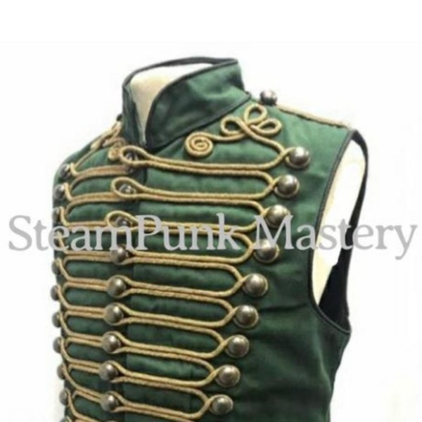 Antique look Steampunk men's Military Army in Dull Green with Antique Gold Braiding Hussar Waistcoat to fit chest size 38” 40",42",44"