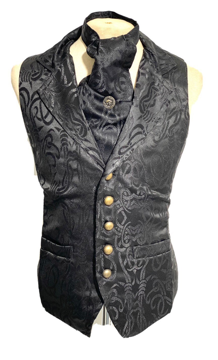 Image of 3 Pcs Waistcoat Black/Black Brocade Barbwire Designs With Same Fabric Self Cravat Tiepin, Magnify To Fit 40", 42, 44", 46"