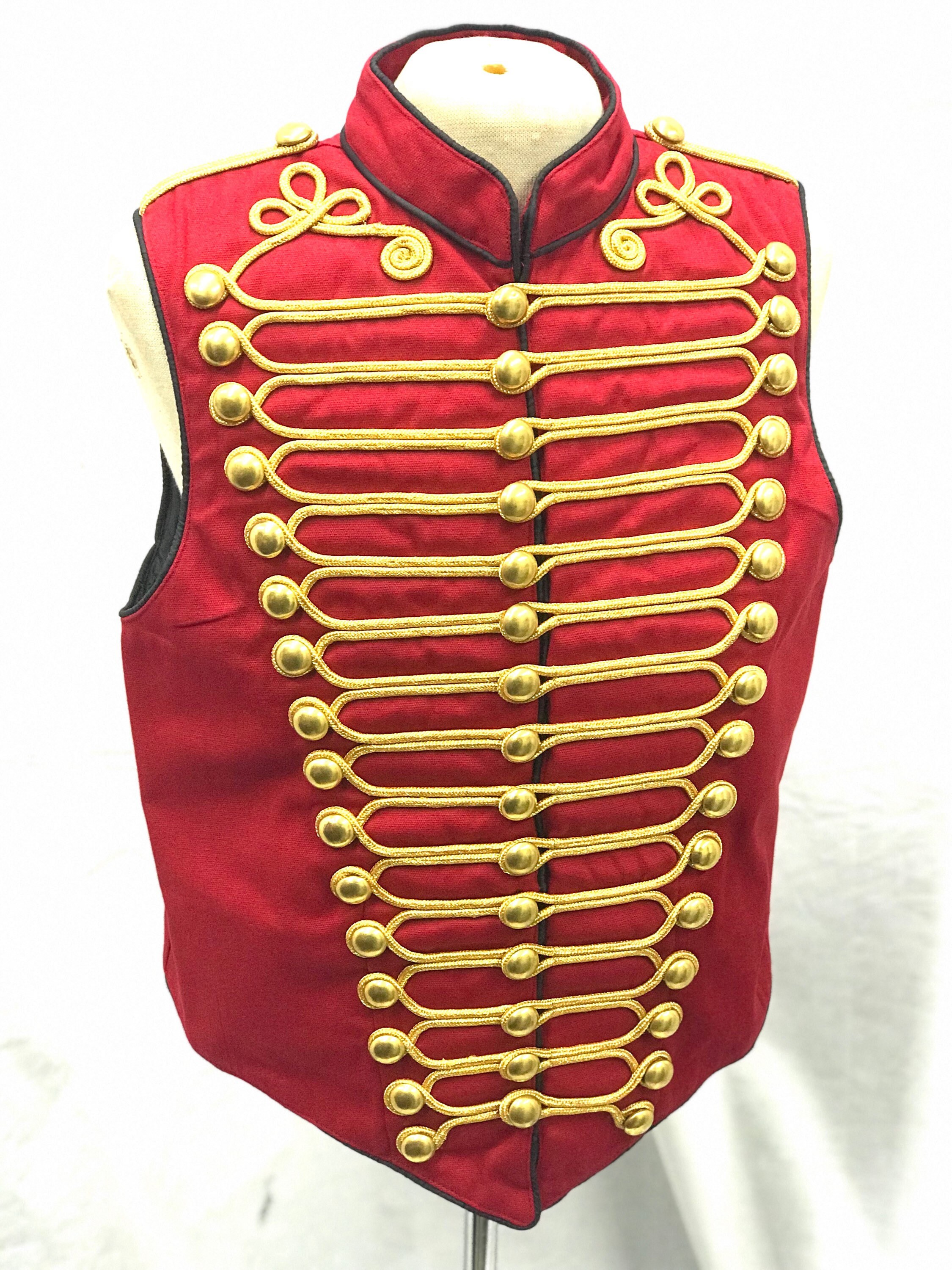 Image of steampunk Men's Military Army Black Red With Gold Braiding Hussar Waistcoat Brass Buttons To Fit Chest Size 40", 42", 44"