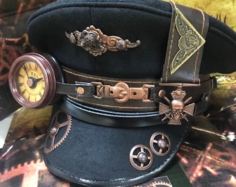 Steampunk Station Master Black wool military Hat with Monokel and copper skull badges in sizes 58cm,59cm