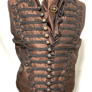 3pcs Steampunk Brown Waistcoat with black Braiding  with self tie brown silk Cravat ,cog tiepin in to fit chest size 38”,40”42"44"46"48”50”