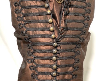 3pcs Steampunk Brown Waistcoat with black Braiding  with self tie brown silk Cravat ,cog tiepin in to fit chest size 38”,40”42"44"46"48”50”