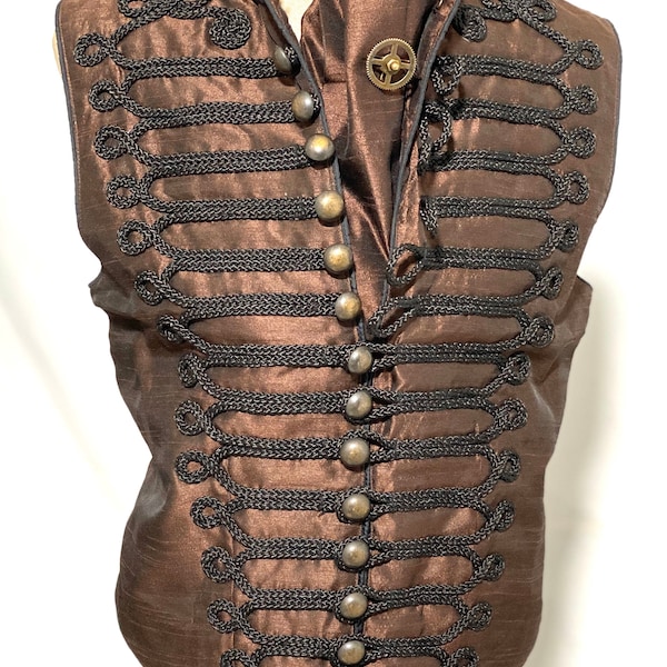 3pcs Steampunk Brown Waistcoat with black Braiding  with self tie brown silk Cravat ,cog tiepin in to fit chest size 38”,40”42"44"46"48”50”