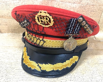 Industrial punk, Gothic  Red Military hat with  brass badges and studs  57,58,59cm