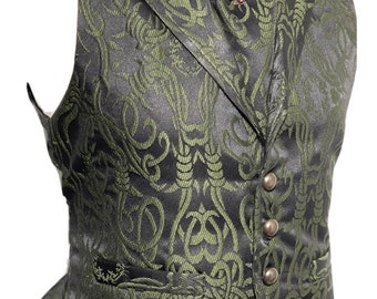 3 pcs Waistcoat Olive green/Black Brocade barbwire designs Waistcoat with same fabric Self cravat Tiepin, to fit 36”38”40”42,44",46”