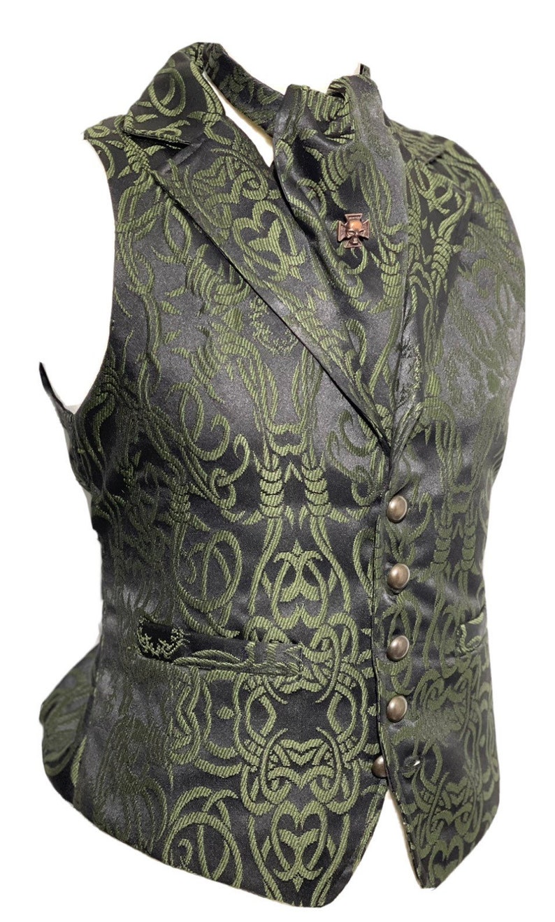 3 pcs Waistcoat Olive green/Black Brocade barbwire designs Waistcoat with same fabric Self cravat Tiepin, to fit 36384042,44,46 image 1