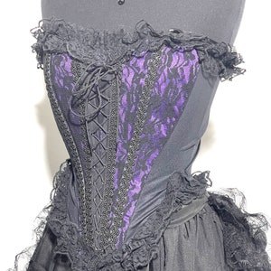 Gothic Steampunk black lace over boned corset with Black frills and front cotseted available in purple