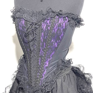 Gothic Steampunk black lace over boned corset with Black frills and front cotseted available in red and purple image 4