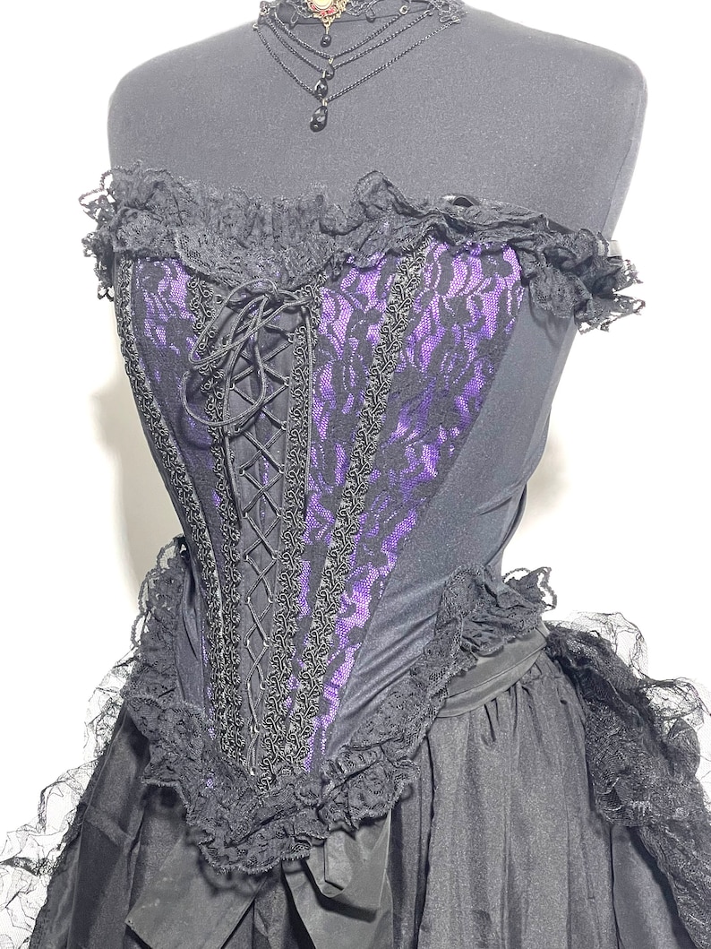 Gothic Steampunk black lace over boned corset with Black frills and front cotseted available in red and purple image 4