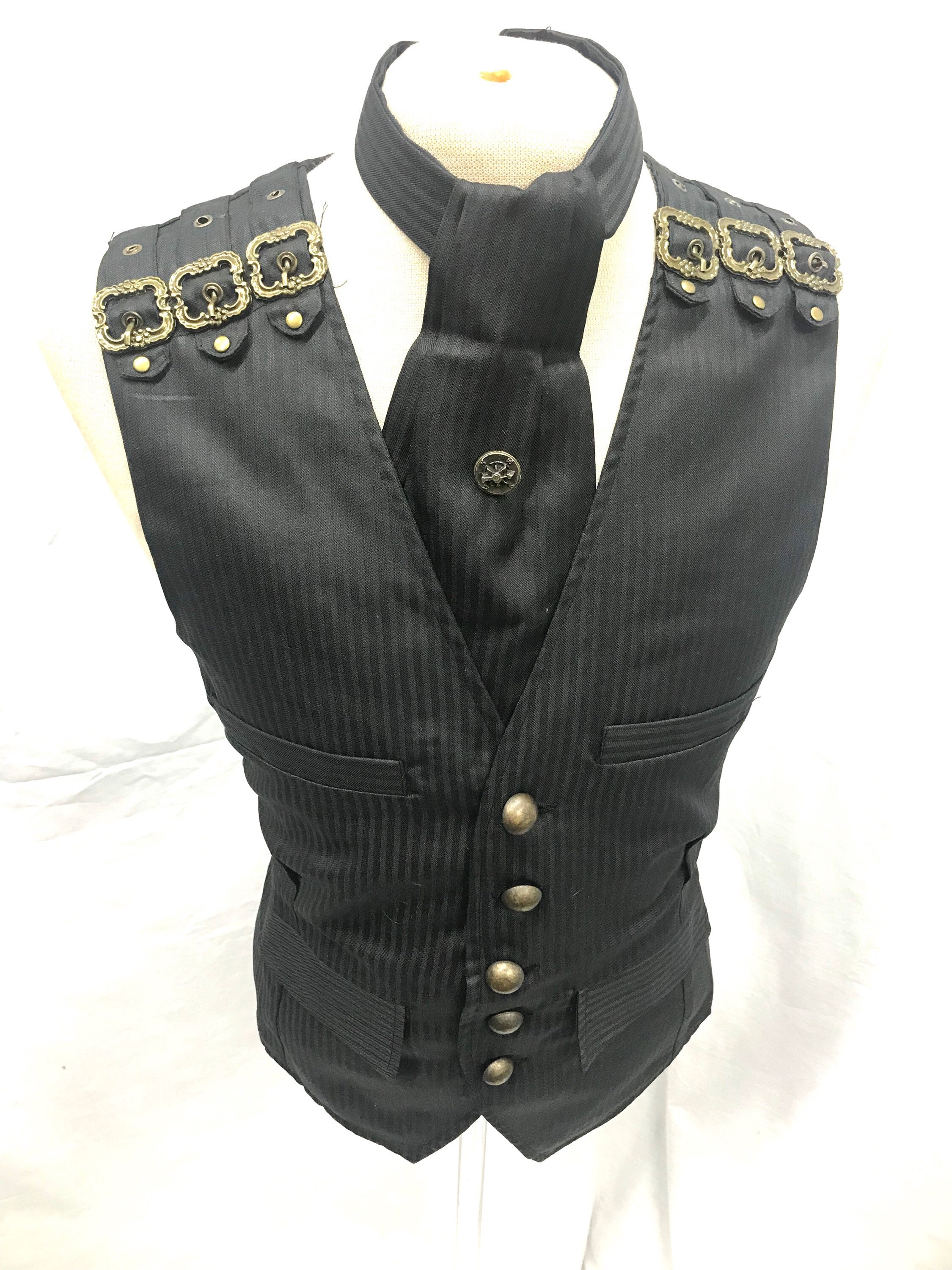 Image of 3 Pcs Steampunks Black Pinstripes Suit Fabric Waistcoat, With Same Cravat & Brass Compass Tiepin To Fit Chest Size 40", 42", 44", 46