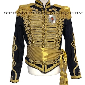 4pcs Men&#39;s Ceremonial Gold Braiding Hussar Jacket Black heavy eppaulates, star badge & waist sash to fit sizes 40” 42&quot;,44&quot;  46&quot;