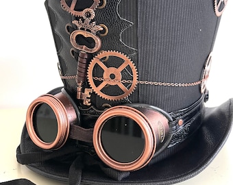 Steampunk Top Hat: Black Suit Fabric, Goggles & Key Details