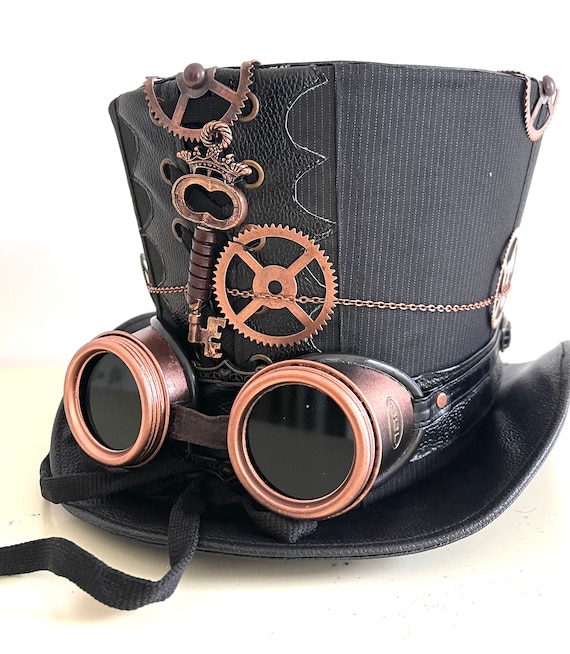 Steampunk Top Hat: Black Suit Fabric, Goggles & Key Details