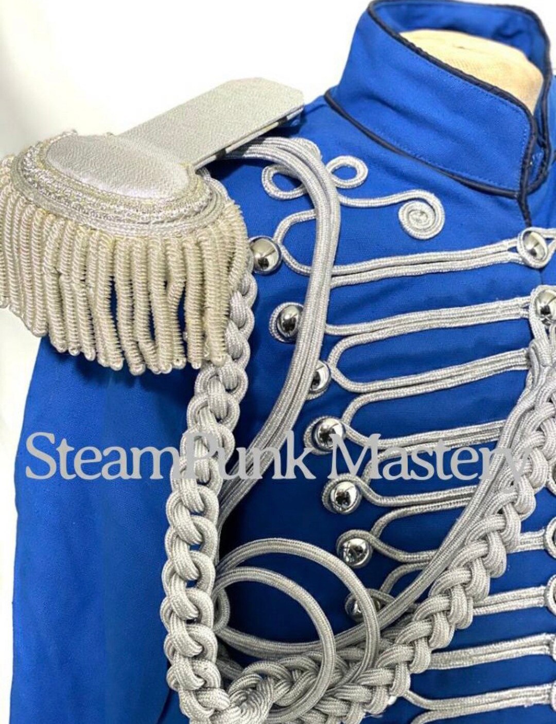 Men Military Hussar Officer Jacket in Royal Blue With Silver