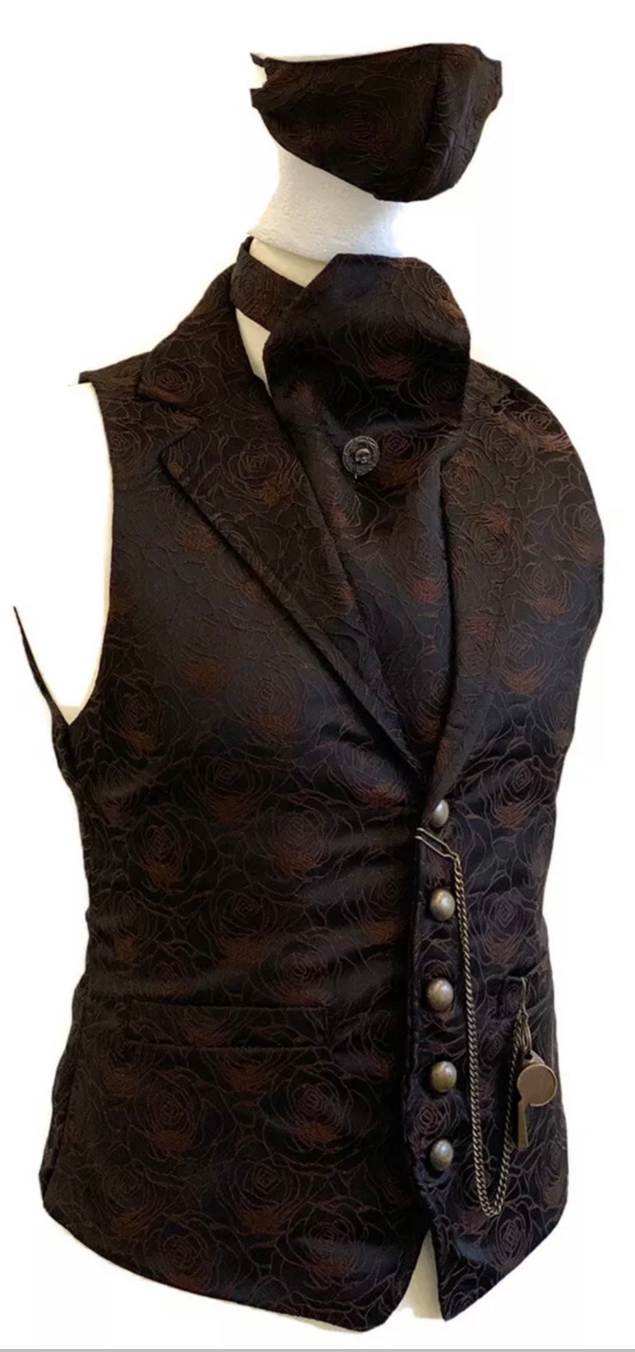 Image of 5 Pcs Waistcoat Outfit Brown/Black Brocade , Matching Self Tie Cravat, Mask Tiepin & Pocket Chain Ifit Chest 40", 42", 44", 46"