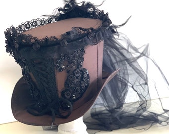 Brown front corseted Satin top hat with jewels,pearls and back bustle available in 55,57,58cm