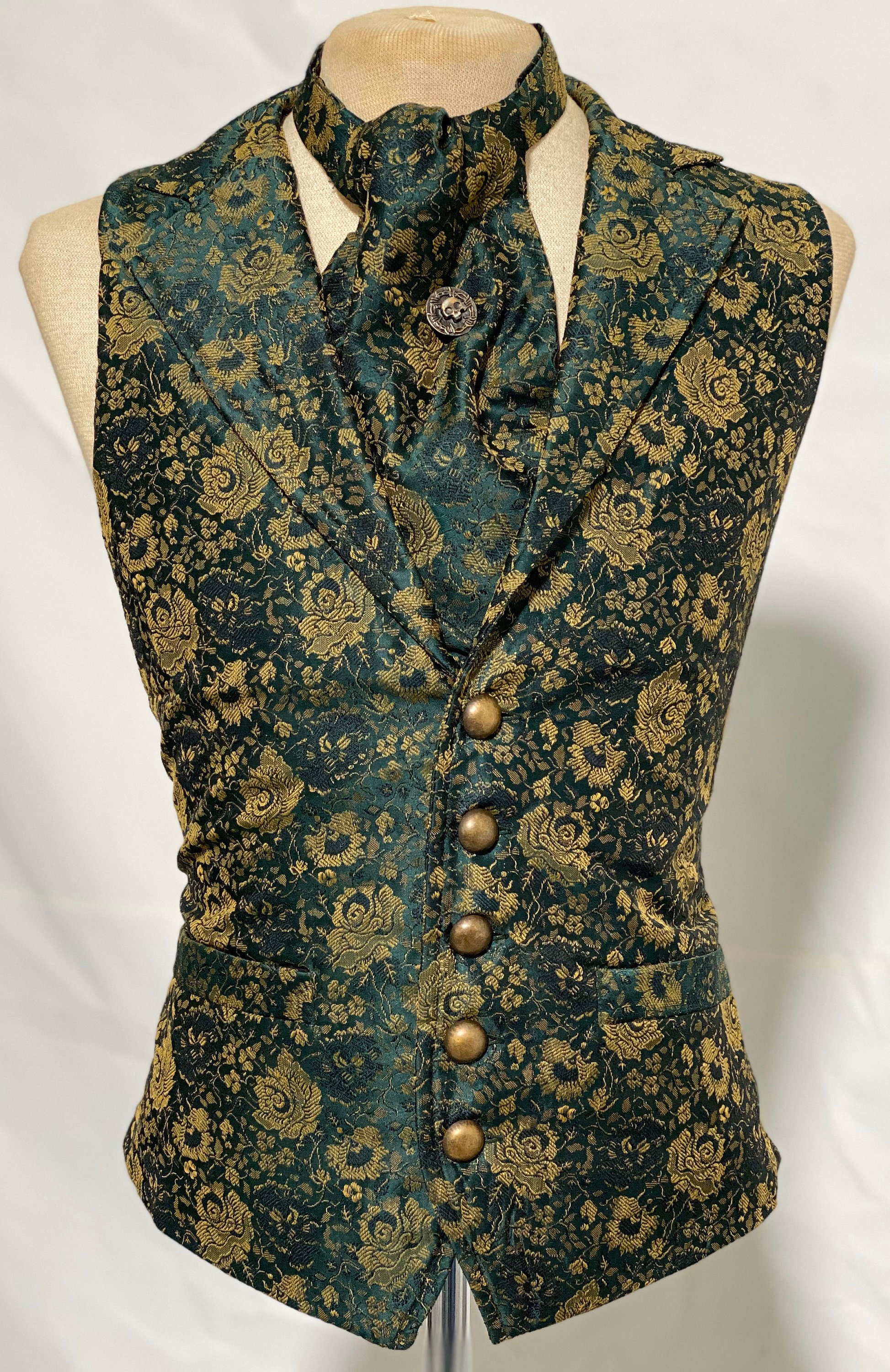 Image of 3 Pcs Waistcoat Outfit Green With Rose Brocade , Matching Self Tie Cravat Tiepin in 2 Sizes To Fit Chest 42", 44"