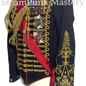 6 pcs men’s Jacket black/red  Ceremonial Hussar Officers with Aiguillette and Cross chest sash,badges ,medals