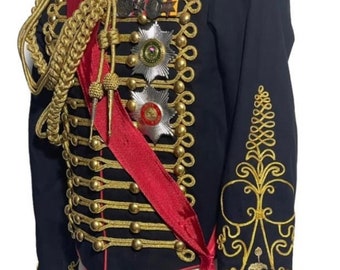 6 pcs men’s Jacket black/red  Ceremonial Hussar Officers with Aiguillette and Cross chest sash,badges ,medals