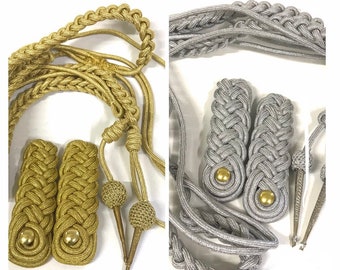 3 pcs Ceremonial Hussar Jacket accessories , Epaulettes ,brass studs with full length Aiguillette in Gold or Silver colours