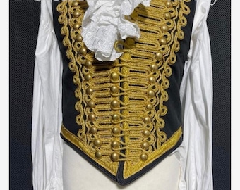 2pcs Mr Darcy & Black Gold Braiding Hussar Waistcoat with cotton ruffle shirt to fit size 38” 40", 42”,44”