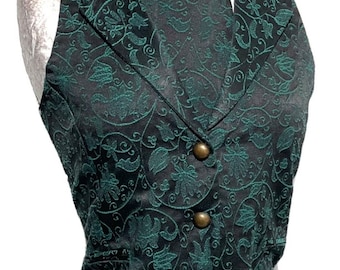 2 pcs women waistcoat outfit with back corseted in Teal/Black Victorian Ivy Brocade Matching Self tie cravat to fit bust 32”,34”,36”38”40”