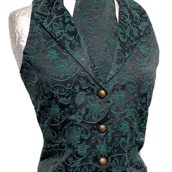 2 pcs women waistcoat outfit with back corseted in Teal/Black Victorian Ivy Brocade Matching Self tie cravat to fit bust 32”,34”,36”38”40”