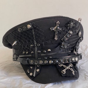 Punk punkGothic cotton Military hat with black studs and chains