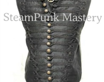 3pcs Steampunk Black Waistcoat with black Braiding  with self tie black silk Cravat ,cog tiepin in size 36”38”,40”,42&quot;44&quot;